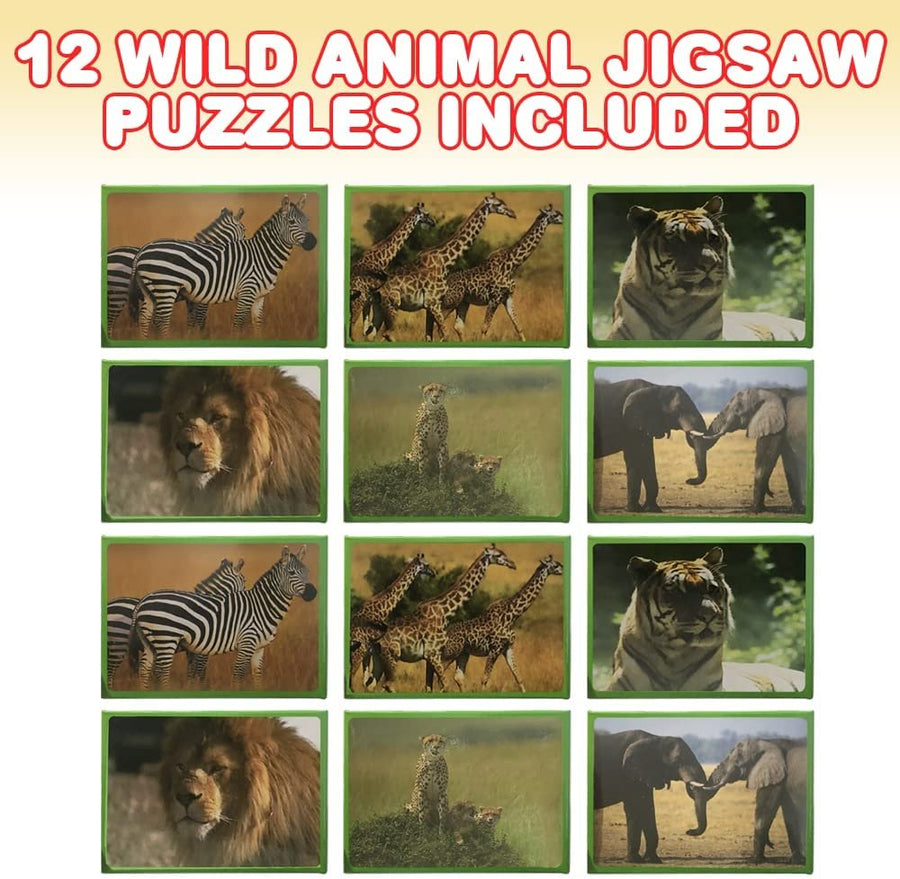 Wild Animal Jigsaw Puzzles, Set of 12, Brain Teaser Puzzles for Kids with 24 Pieces Each, Zoo Party Favors and Safari Party Supplies, Classroom Treasure Box Prizes for Girls and Boys