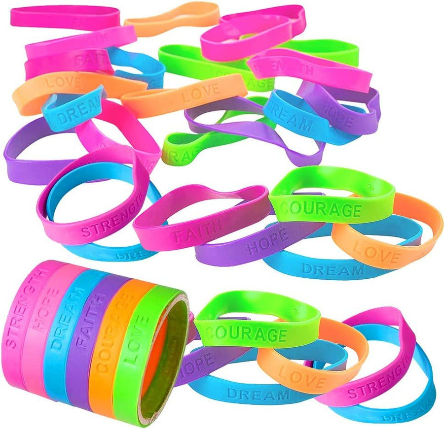 Rubber Bracelets with Motivational Sayings - Pack of 24 Inspirational Wristbands for Kids and Adults, Assorted Neon Colors and Positive Sayings, Great Birthday Party Favors, Gifts