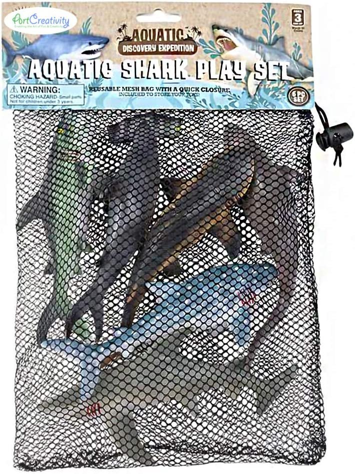 Shark Figures in Mesh Bag - Pack of 6 Sea Creature Figurines in Assorted Designs, Bath Water Toys for Kids, Shark Party Favors for Toddlers, Boys, and Girls, Ocean Life Party Decor