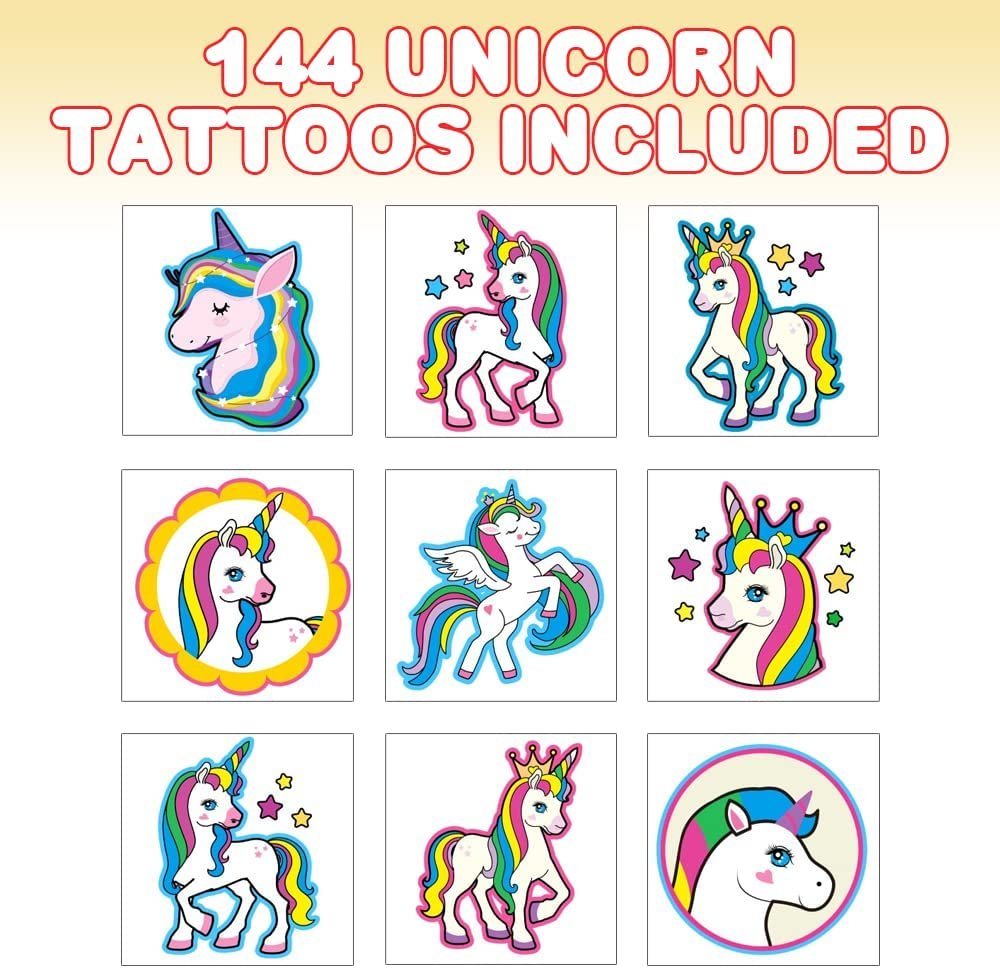 Unicorn Temporary Tattoos for Kids, Assorted Non-Toxic 2" Tats - Bulk Pack of 144