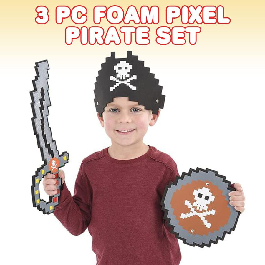 Foam Pixel Pirate Set, 3-Piece Kit with Pixelated Sword, Shield, and Hat, Unique Halloween Pirate Costume Accessories, Fun Pirate Toys for Kids, Great Birthday Gift Idea