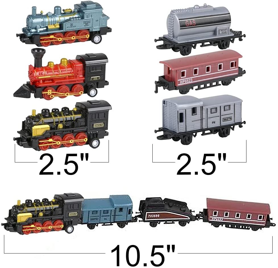 Mini Locomotive Train Playset for Kids, Set of 3, Each Set with 1 Locomotive and 3 Carts, Diecast Train Toy for Boys and Girls with Pullback Motion, Great Birthday Gift