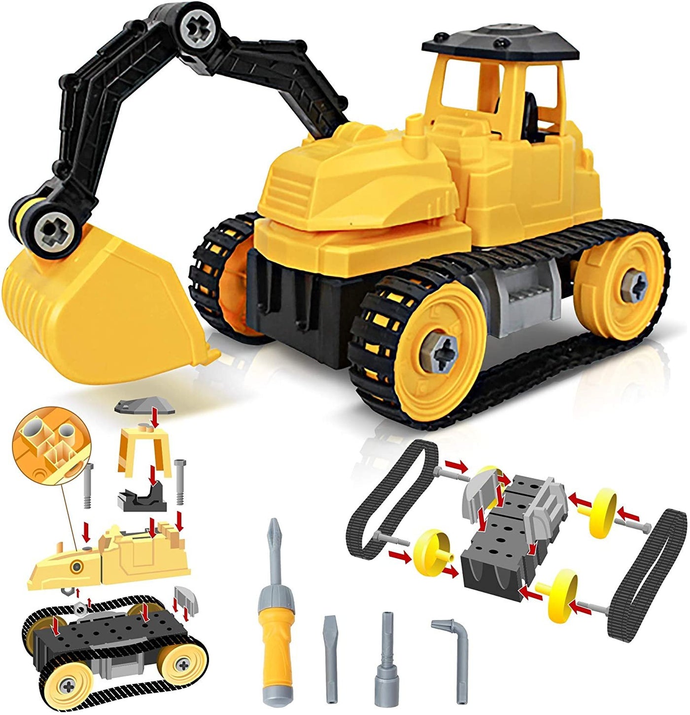 Take Apart Yellow Construction Toy Truck - 43 Pieces with Tools - Large Excavating Backhoe Toy - Perfect Digger Toy and Great Birthday Gift Idea for Boys and Girls Ages 3+