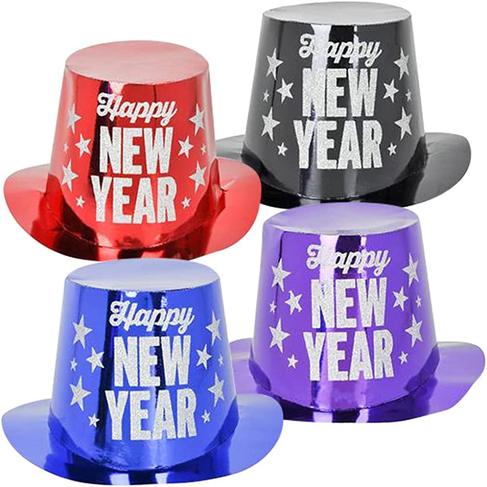 Happy New Year Top Hats, Set of 4, New Years Eve Hats with Silver Glitter Lettering, New Years Eve Party Supplies, Photo Booth Props, and Party Favors, Assorted Colors