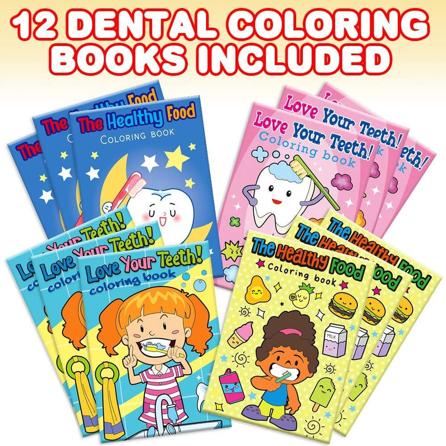 Dental Coloring Book Kit for Kids - 12 Sets - Every Set Includes 1 Mini Color Book and 4 Crayons - Fun Birthday Party Favors, Sleepover Party Supplies, Great Gift Idea for Boys and Girls