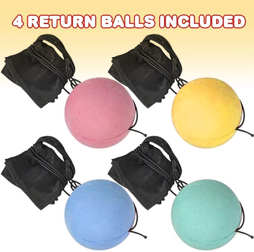 ArtCreativity 2.25 Inch Return Balls, Set of 4, Durable Foam String Attached Rebound Balls, Assorted Colors, Sports Toy Balls for Kids, Party Favors, Gift Idea for Boys and Girls
