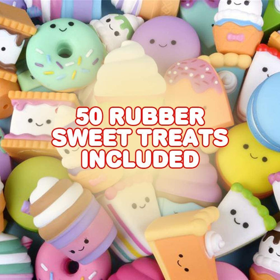 Food Toys for Kids, Set of 50, Assorted Rubber Sweet Treats, Pretend Play Food for Boys and Girls, Snack Themed Birthday Party Favors, Unique Goody Bag Fillers for Children