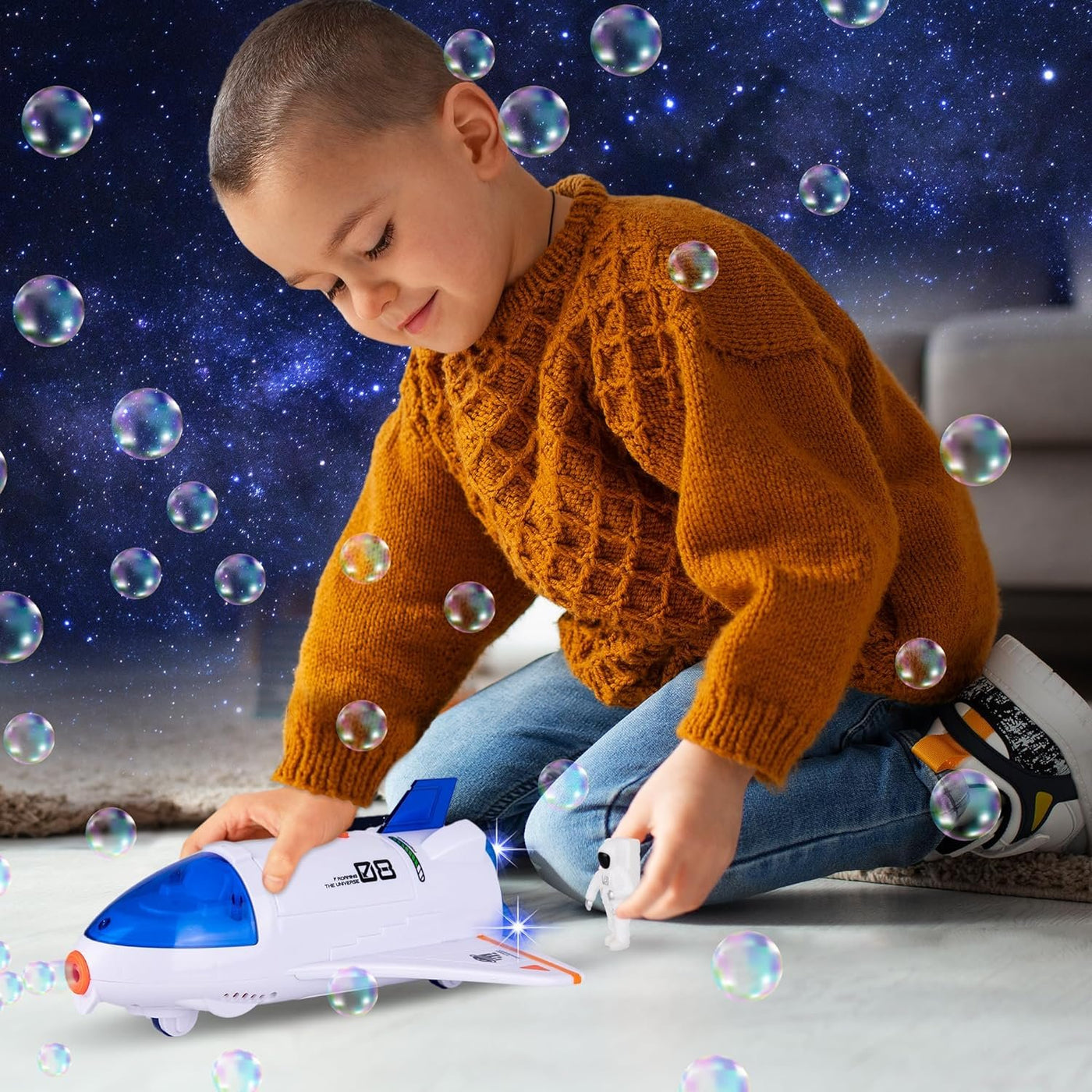 Spaceship Bubble Toy - Outer Space Bubble Machine with Bubble Solution and Astronaut Figurine - Bubble Makers for Kids Outside Play - Space Toys for Boys and Girls - Galaxy Party Supplies and Favors