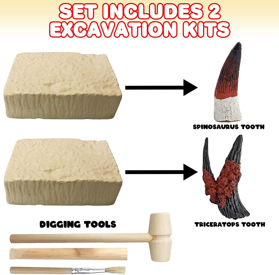 Dino Teeth Dig and Discover Excavation Kit for Kids, Includes Triceratops and Spinosaurus Toy Fossil Teeth with 2 Digging Tools, Interactive Dinosaur Gifts for Boys and Girls