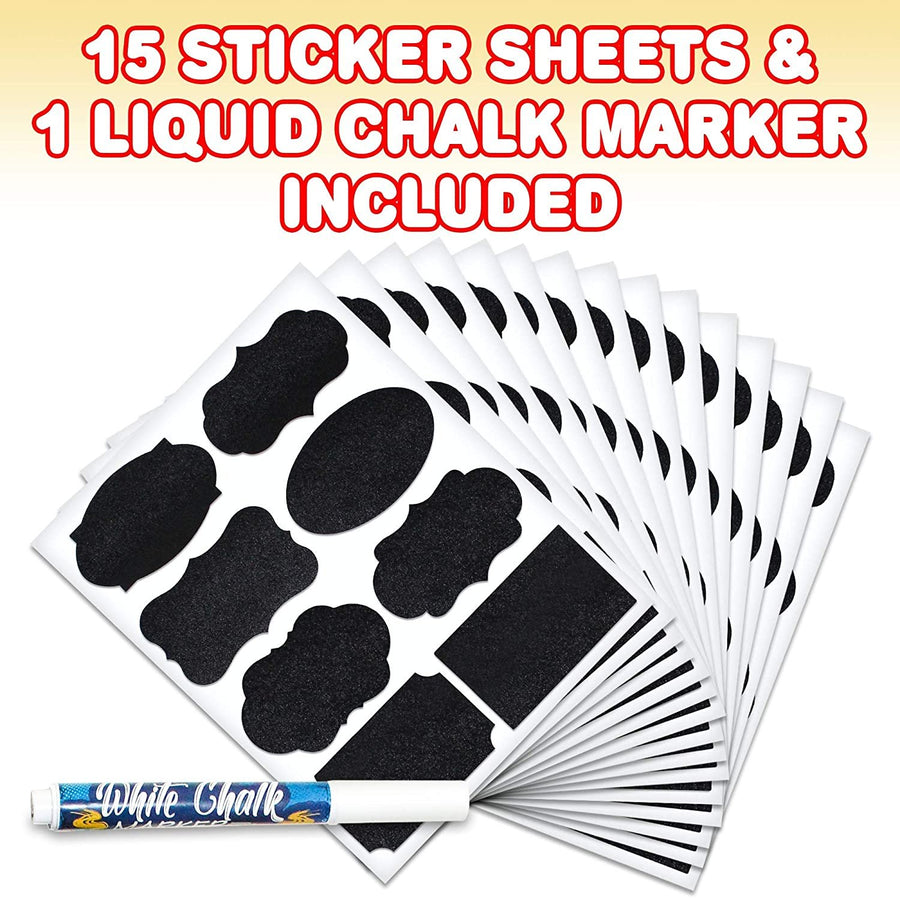 Pack of 120 Chalkboard Labels for Buckets with a Liquid Chalk Marker, Waterproof and Erasable Stickers in Assorted Designs, Reusable Chalk Board Labels for Jars and Art & Craft Supplies