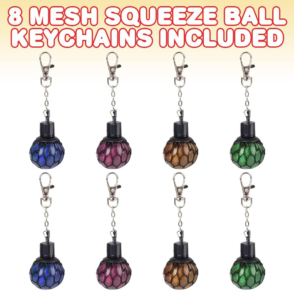 Mesh Squeeze Ball Keychains for Kids, Set of 8, Key Chains with Squeeze Ball Fidget Toy, Stress Relief Toys for Kids and Adults, Keyholder Birthday Party Favors, Goodie Bag Fillers