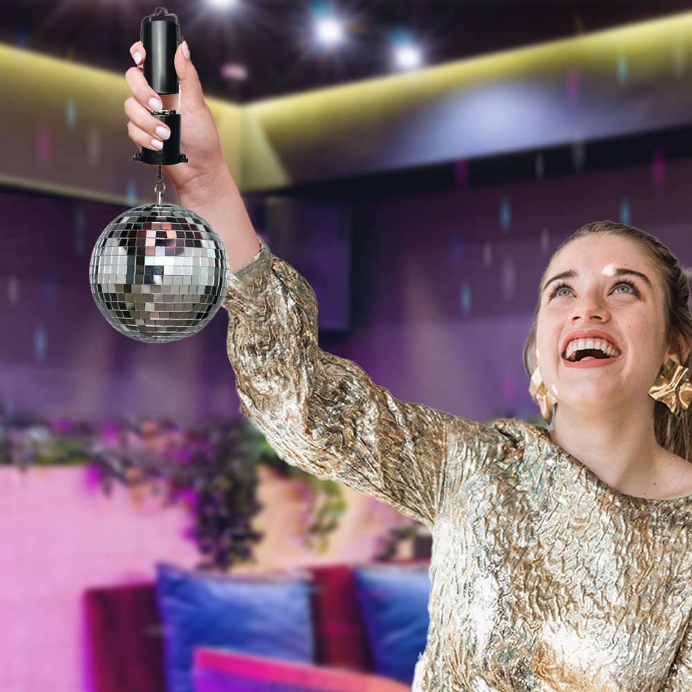 Disco Ball Motor with Mirrored Disco Ball, Includes Battery Powered Spinning Ball Motor and 4" Disco Ball with Hanging String, for Parties, Birthdays, Weddings, and Room Décor