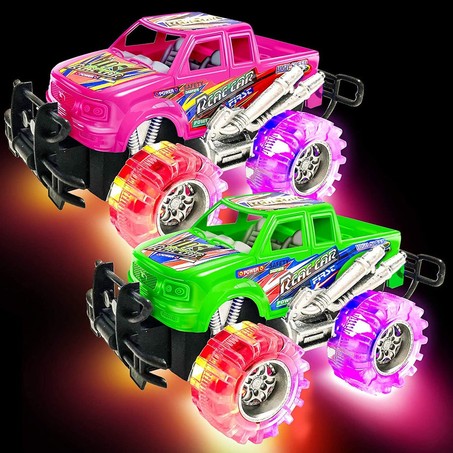Pink and Green Light Up Monster Truck Set for Boys and Girls, Set Includes 2, 6" Monster Trucks with Beautiful Flashing LED Tires, Push n Go Toy Cars, Best Gift for Kids, for Ages 3+