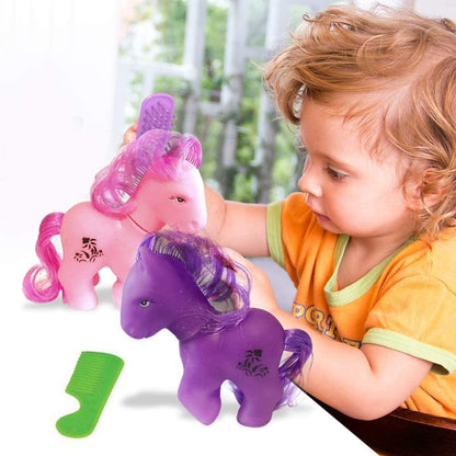 ArtCreativity Lovely Pony 3-Piece Playset - Pack of 4 - Brushing Pony, Brush and Comb Set, Little Pony Unicorn Birthday Party Favors for Kids, Rubber Bath Toys, Cute Assorted Colors