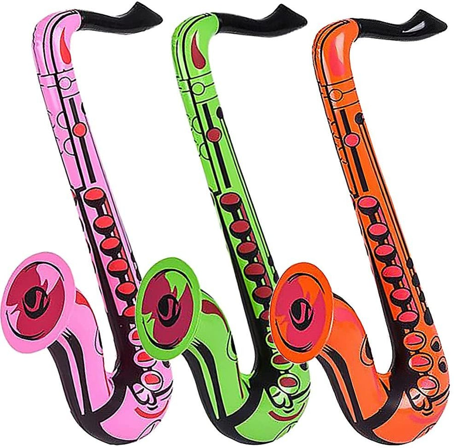 Saxophone Inflates, Set of 3, Inflatable Saxophone Toys for Kids, Decorations for Music Themed Parties, 21.5" Long Saxophone Balloons for Fun Pretend Play, Pink, Green, Orange