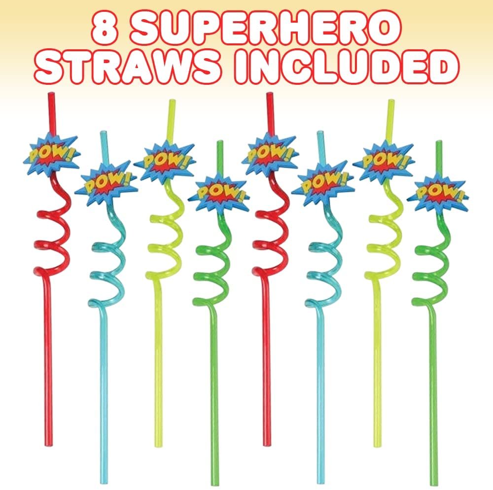 Superhero Straws for Kids, Set of 8, Curly Drinking Straws with Rubber Superhero Charms, Superhero Party Supplies, Favors, and Decorations, 4 Assorted Vibrant Colors