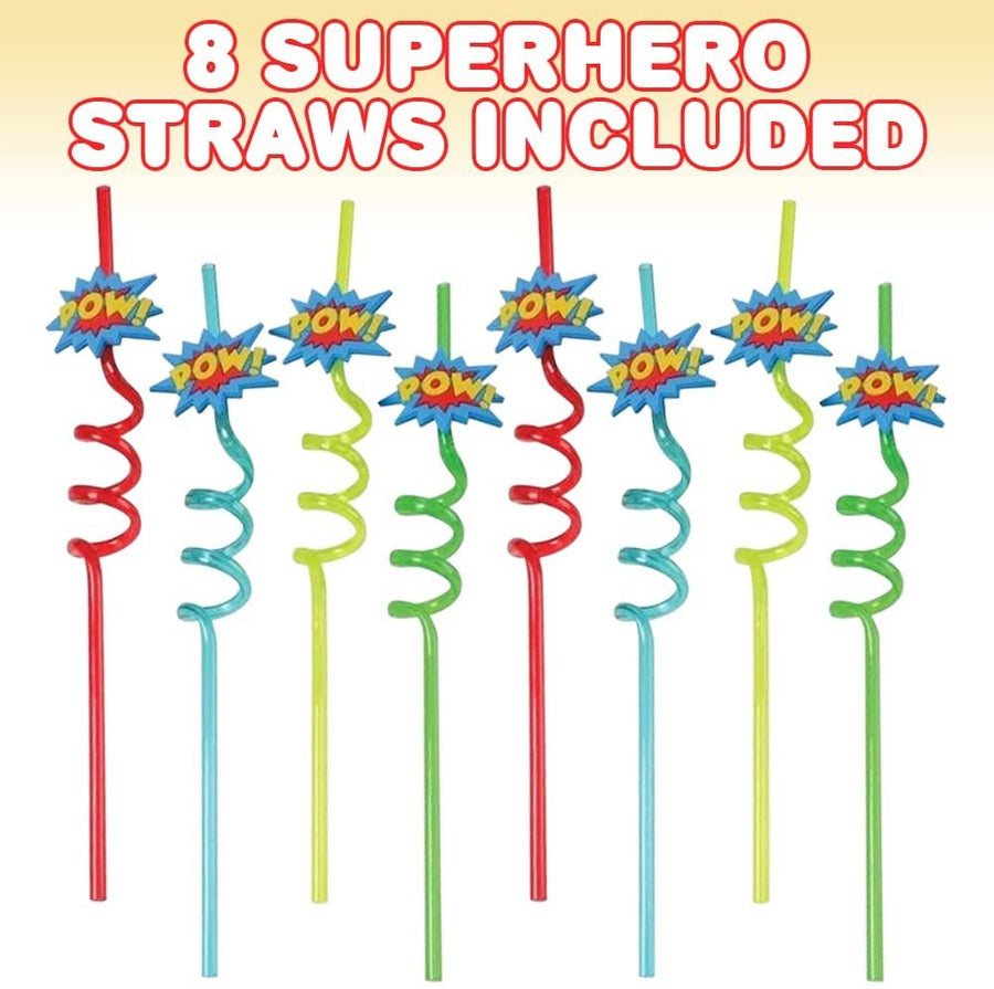 Superhero Straws for Kids, Set of 8, Curly Drinking Straws with Rubber Superhero Charms, Superhero Party Supplies, Favors, and Decorations, 4 Assorted Vibrant Colors