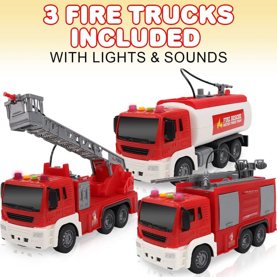 Light Up Fire Trucks for Kids, Set of 3, Includes Ladder Truck, Tanker Truck, & Engine Truck, Fire Trucks with Real Water Spraying, LEDs, & Sound, Push n Go Fire Trucks for Boys & Girls