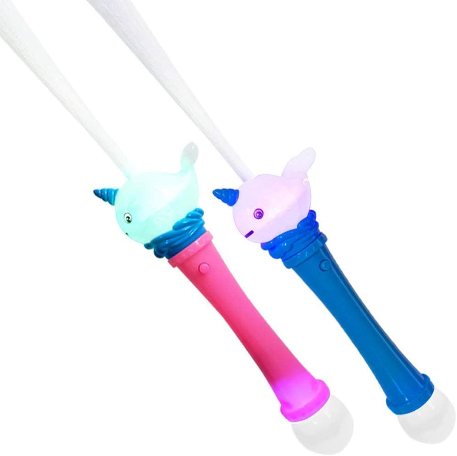 Flashing Narwhal Wand for Kids, Set of 2, Light Up LED Whale Toy Wands for Boys and Girls, Batteries Included, Fun Light-Up Birthday Party Favors, Goodie Bag Fillers, Pink and Blue