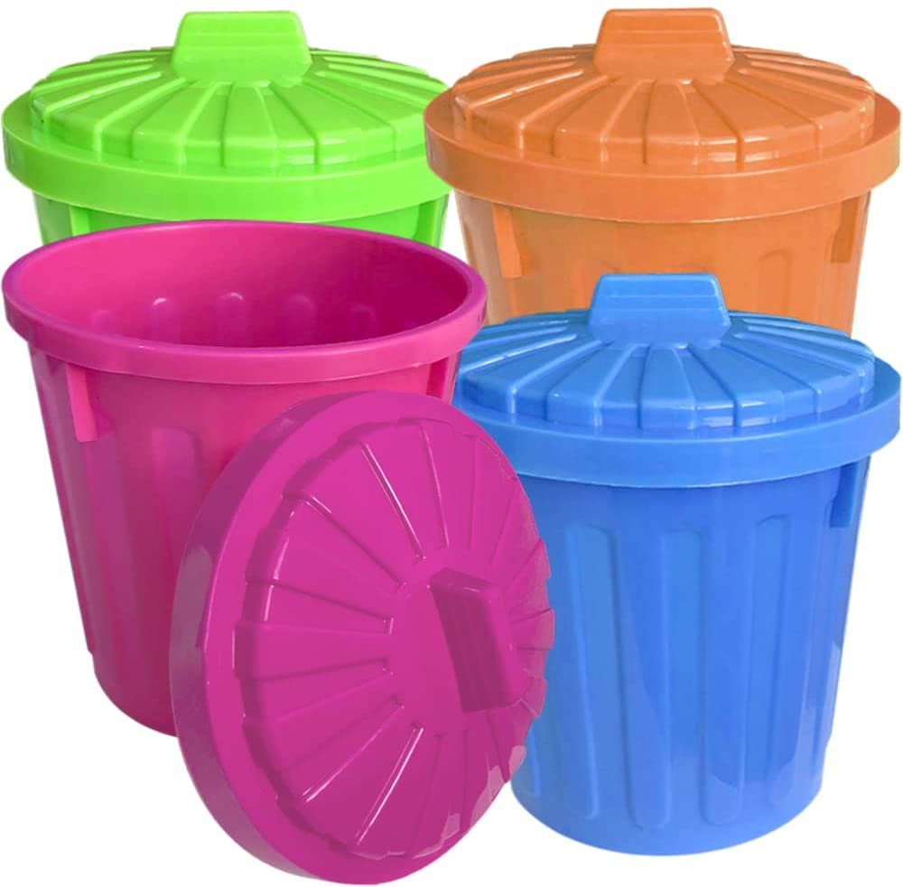 ArtCreativity Large Trash Cans Set with Lids, Set of 4, Garbage Bin Toy in Assorted Neon Colors, Unique Desk Organizer, Birthday Party Favors for Kids, Cute Classroom Decor