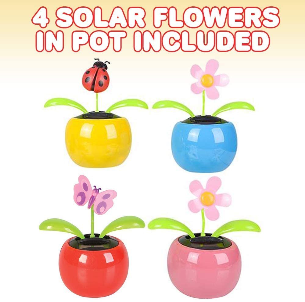 ArtCreativity Solar Toys for Kids, Set of 4, Solar Powered Dancing Flower Toys with Adhesive Stickers, Colorful Assorted Designs, Cute Window and Car Dashboard Decorations, Kids Party Favors