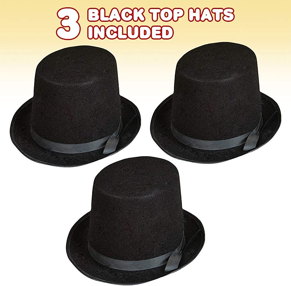 Black Felt Top Hats for Kids and Adults, Pack of 3, Slash Top Hats with Hatband, Circus Magic Birthday Party Favors, Halloween Costume Accessories, One Size Fits All