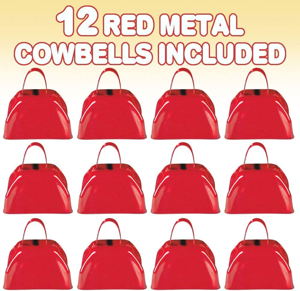ArtCreativity 3 Inch Red Metal Cowbell Noisemakers - Pack of 12 - Loud Metal Cowbell Noise Makers with Handles, Great for Football Games, Sporting Events, New Year’s Eve, for Kids and Adults