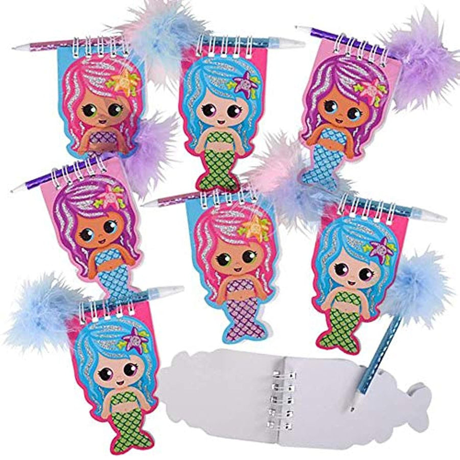 Mermaid Notebook and Pen Set for Kids, Set of 12, Feather-Tipped Pen and Small Glittery Note Pad with Loop Pen Holder Per Set, Fun Stationery Party Favors, Goodie Bag Fillers, Teacher Rewards