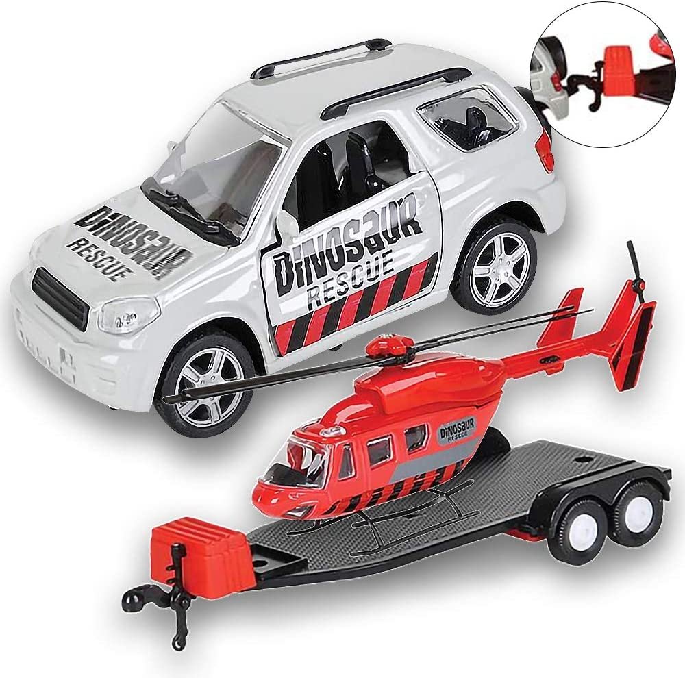 SUV Toy Car with Trailer and Helicopter Playset for Kids, Interactive Dinosaur Play Set with Detachable Helicopter & Opening Doors on 4 x 4 Toy Truck, Best Birthday Gift for Boys & Girls