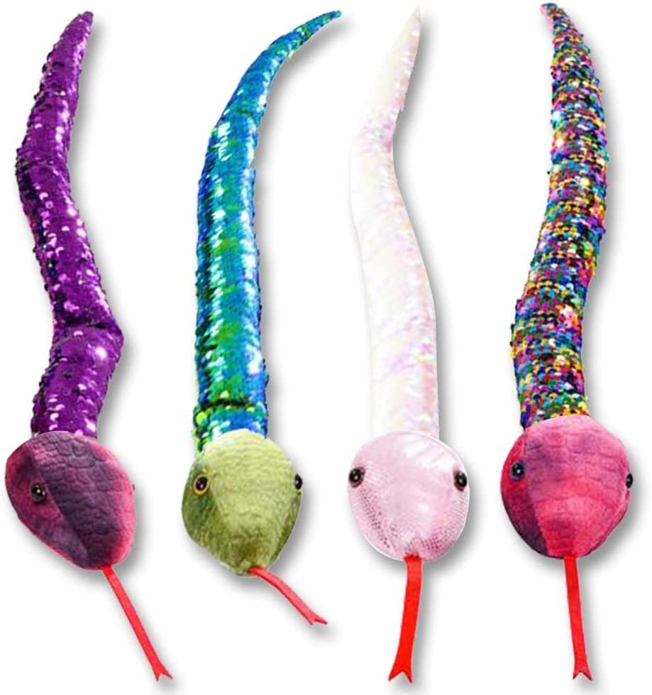 Flip Sequin Snake Toys for Kids, Set of 4, Plush Snakes with Color Changing Sequins, Jungle Party Supplies, Animal Birthday Favors for Boys and Girls, Cute Nursery Décor, 26"es