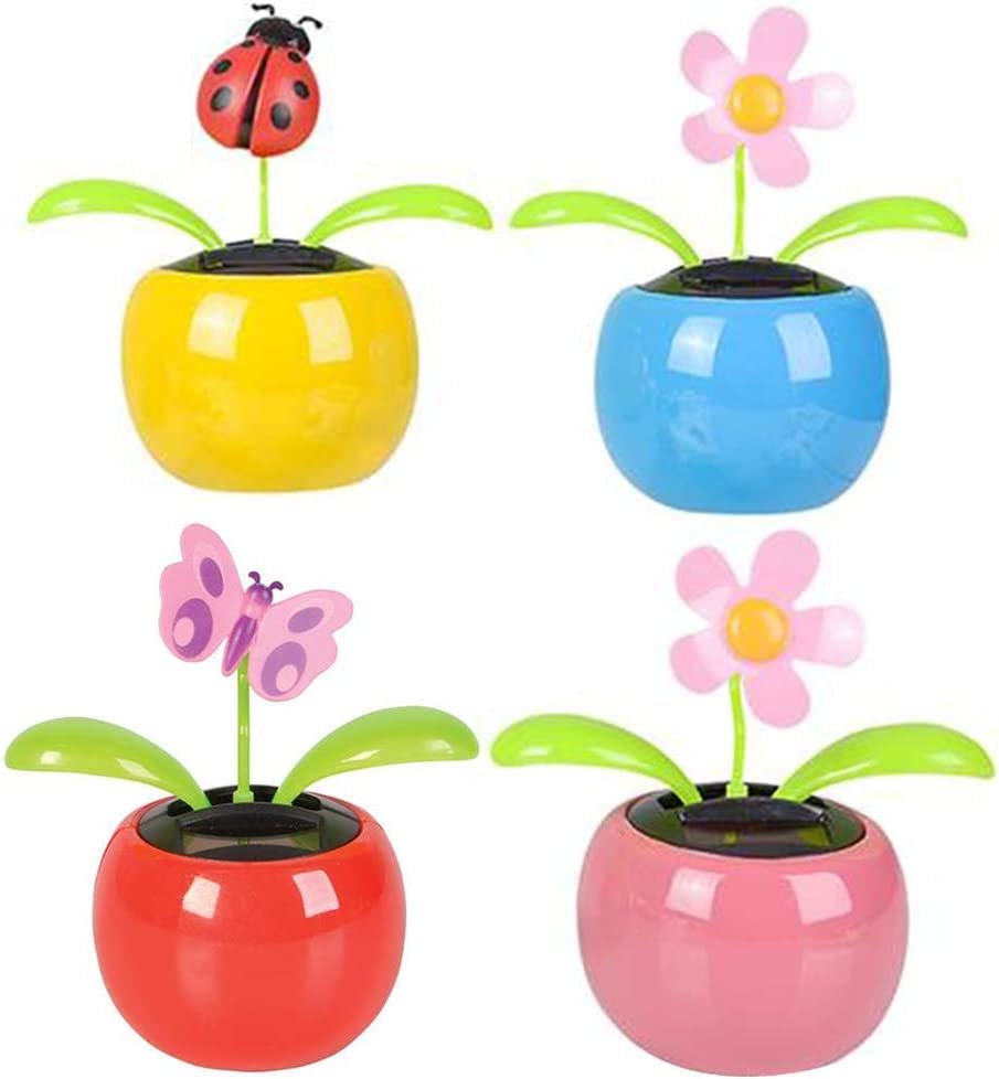 Solar Toys for Kids, Set of 4, Solar Powered Dancing Flower Toys with Adhesive Stickers, Colorful Assorted Designs, Cute Window and Car Dashboard Decorations, Kids Party Favors