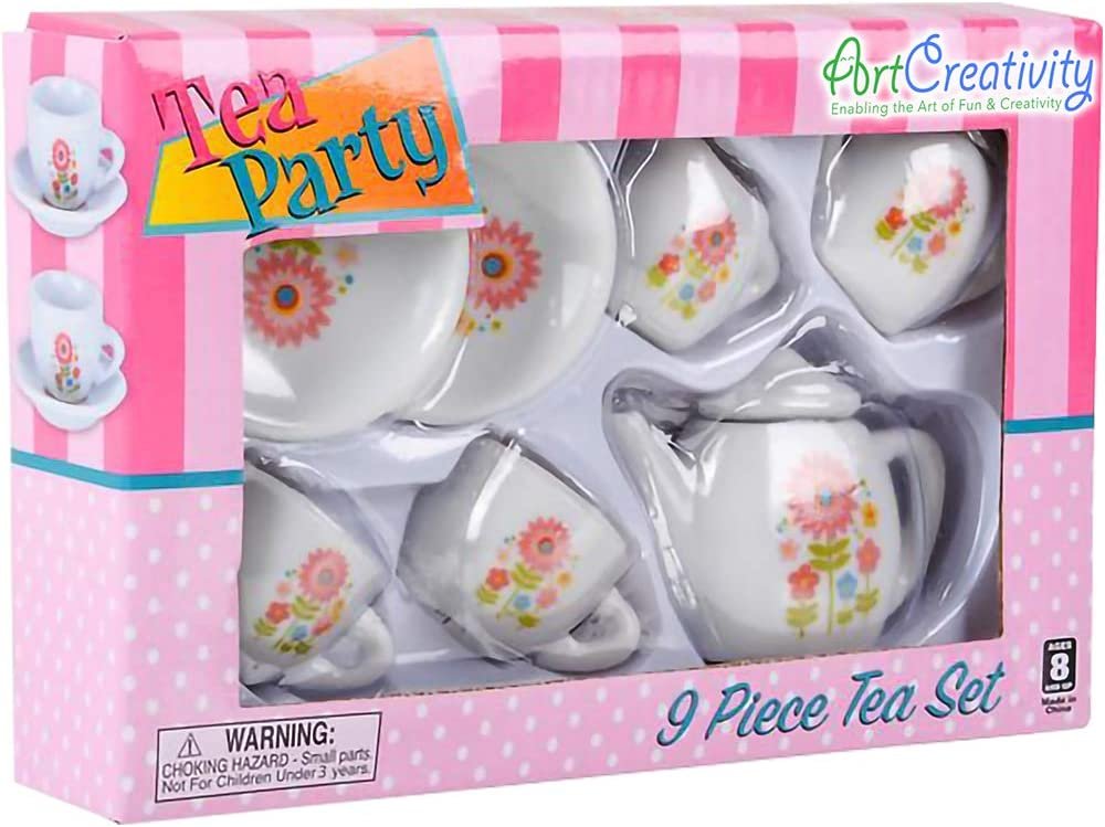 ArtCreativity Mini Porcelain Tea Set for Kids - Ceramic Pretend Play Set - Miniature Saucers, Cups, Teapot, Sugar and Cream Dispenser - Best Holiday, Birthday Gift for Boys and Girls Ages 8+