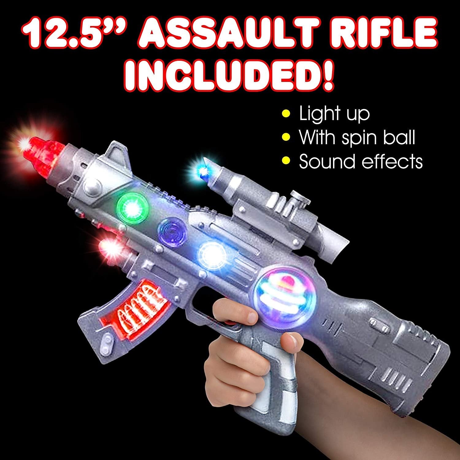 ArtCreativity Light Up Spin Ball Blaster Toy Gun, 12.5 Inch Assault Rifle with Thrilling Multicolor LEDs and Sound Effects, Batteries Included, Really Cool Play Gun for Boys and Girls, Great Gift Idea