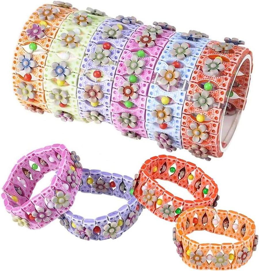 Beaded Stretch Flower Bracelets - Pack of 12 - Novelty Wristbands with Floral Design and Assorted Colors - Cute Party Favor, Carnival Prize, Toy Jewelry Bracelets for Kids and Adults