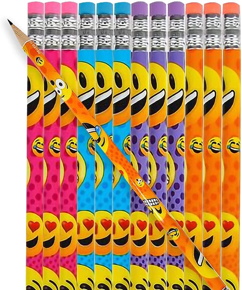 Emoticon Pencils, Set of 24, Cool Writing Pencils with Erasers with Assorted Emoticon Designs, Birthday Party Favors, Party Goody Bag Fillers, Teacher Supplies for Classroom