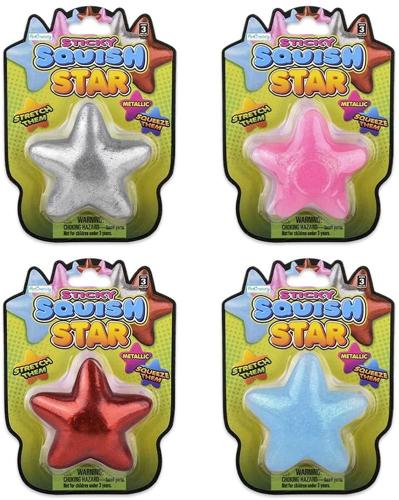 Squeezy Sticky Glitter Stars, Set of 4, Stress Relief Fidget Toys for Kids, Anxiety Relief Toys in Assorted Vibrant Colors, Fidget Party Favors, Pinata Stuffers, and Goodie Bag Fillers