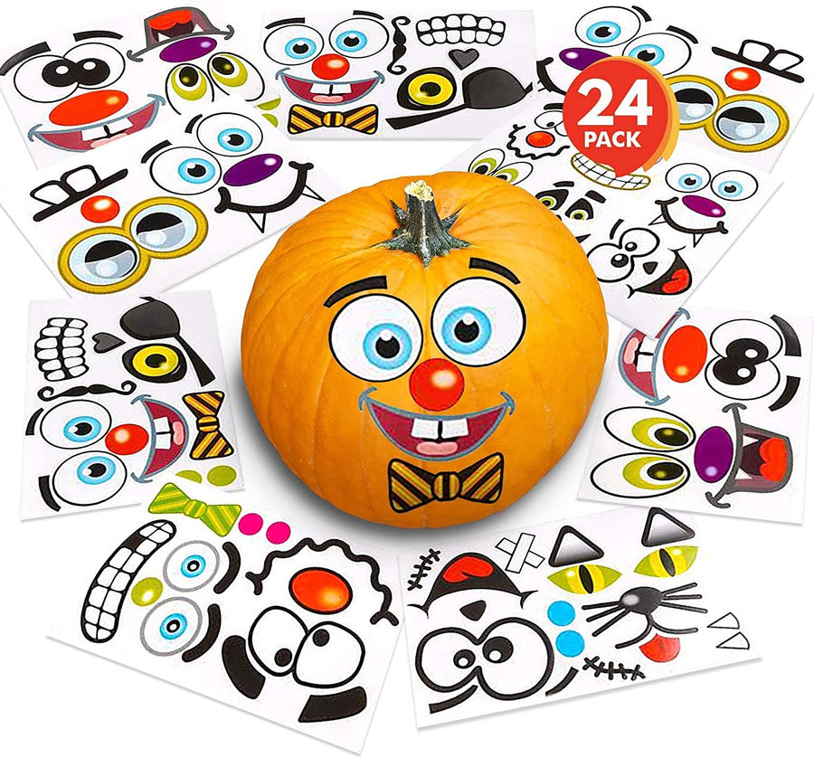 Halloween Pumpkin Decorating Stickers - 24 Large Sheets - Jack-o-Lantern Decoration Kit - 52 Total Face Stickers - Cute Halloween Decor Idea - Treats, Gifts, and Crafts for Kids- 6" x 9"