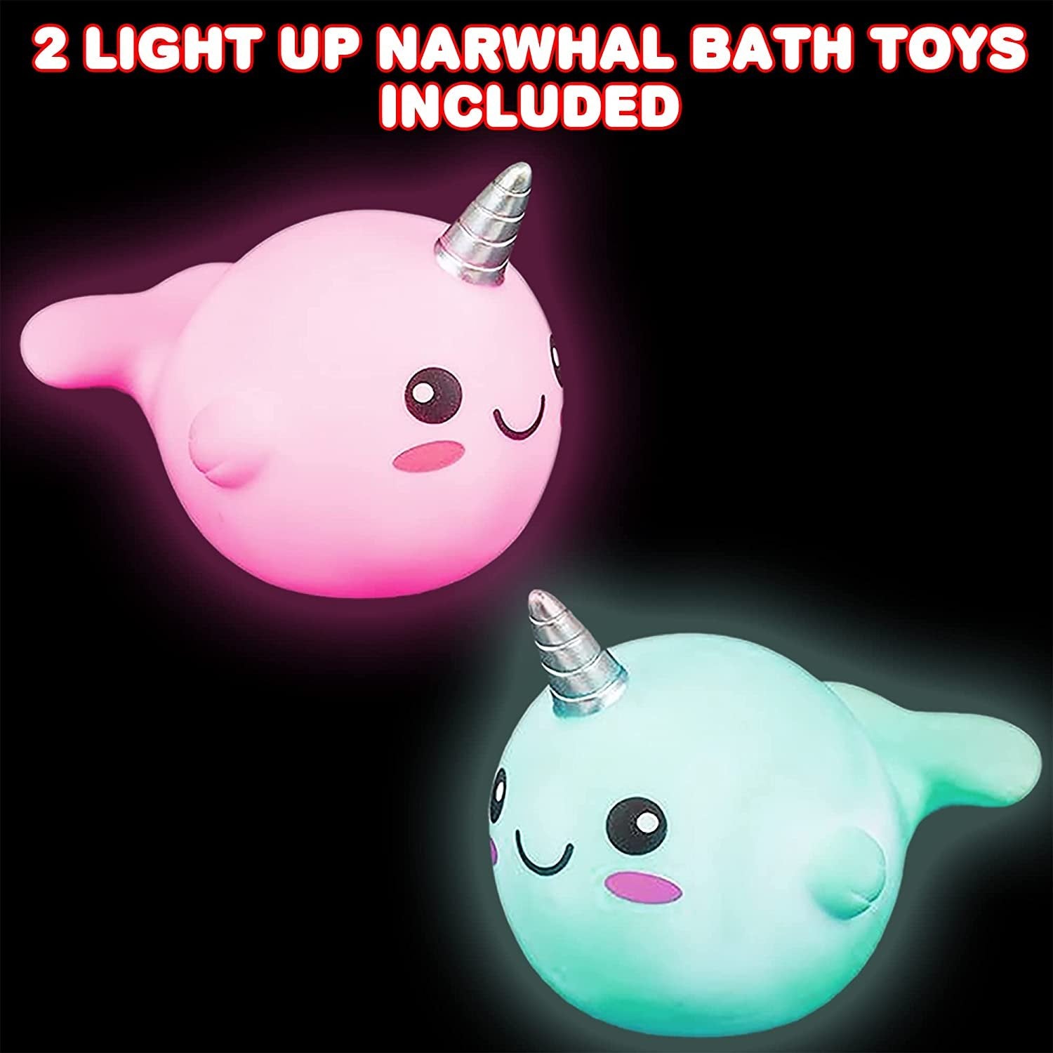 Light Up Narwhal Bath Toys for Kids, Set of 2, Cute Bathtub Toys with Fun LEDs, Bath Tub Toys for Boys and Girls, Cool Narwhal Birthday Party Favors, Goodie Bag Fillers for Children