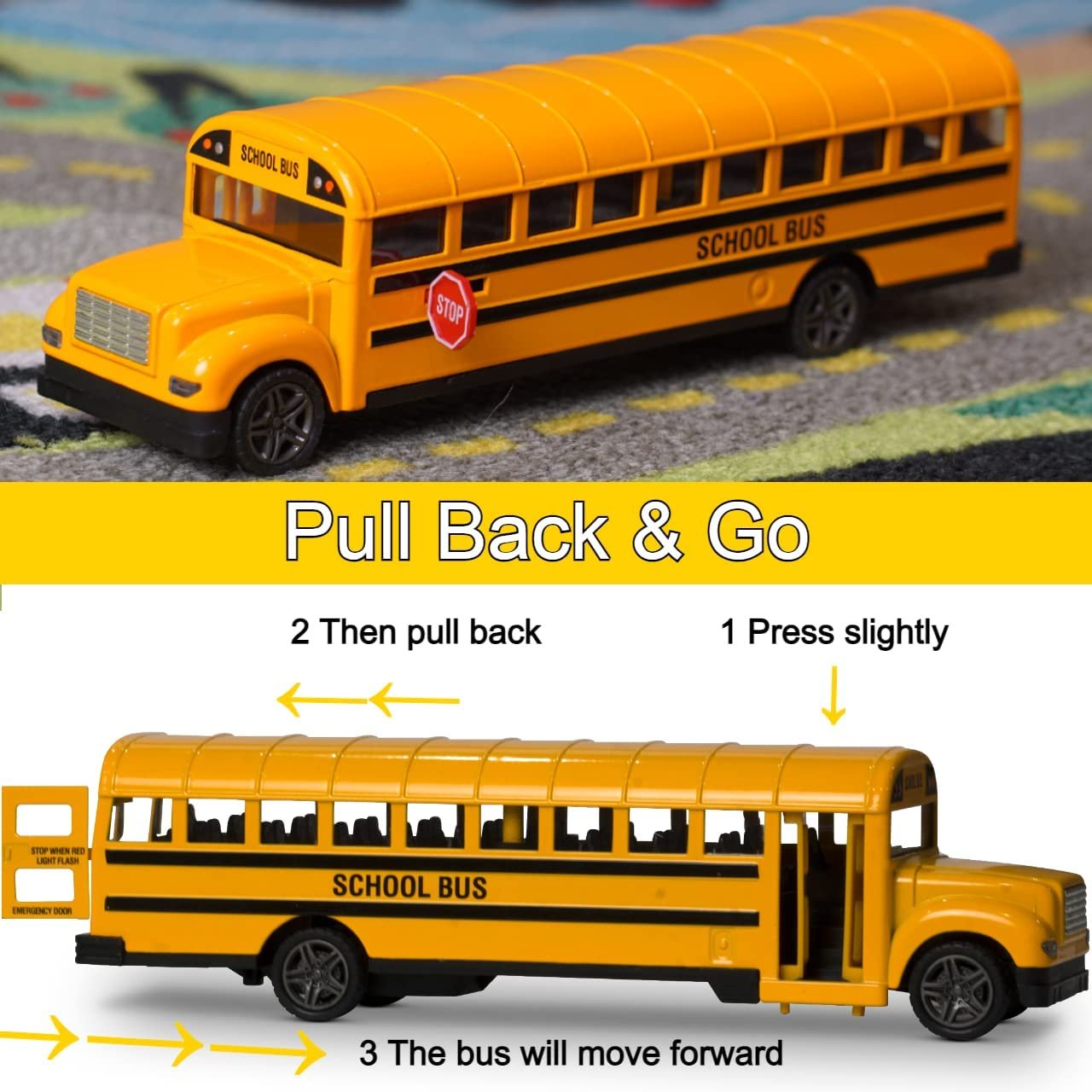 Diecast Yellow School Bus Toy for Kids - 8.5" Pull Back Car with Cool Opening Doors and Rubber Tires - Durable Diecast Metal - Best Birthday for Boys and Girls