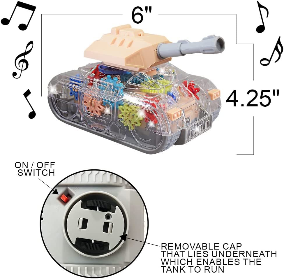 Light Up Transparent Gear Tank Toy for Kids, Bump and Go Army Toy Tank with Colorful Moving Gears, Music, and LEDs, Fun Educational Army Tanks Toys For Boys, Great Toddler Light Up Toy