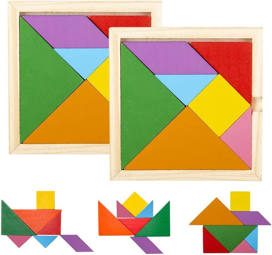 Wooden Tangram Puzzles for Kids, Set of 6, Wood Tangrams with 7 Colored Pieces Each, Fun Educational Brain Teaser, Learning Toy for Boys and Girls, Fun Party Favor