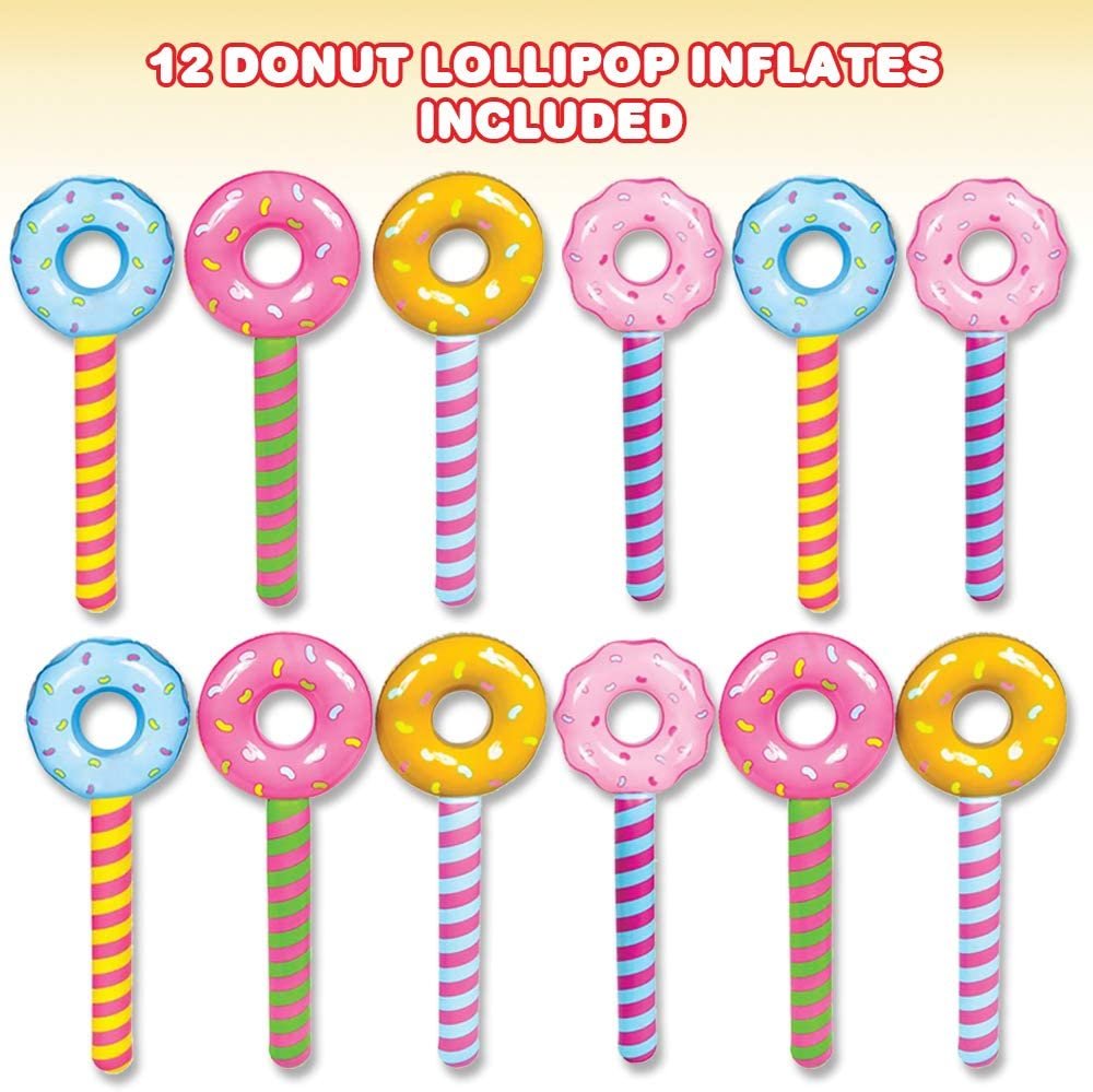 Donut Lollipop Inflates, Set of 12 Inflatable Donut Lollipops with 4 Designs, Decorations for Themed Parties, Swimming Pool Party Essentials, Birthday Party Props, 32.5"es