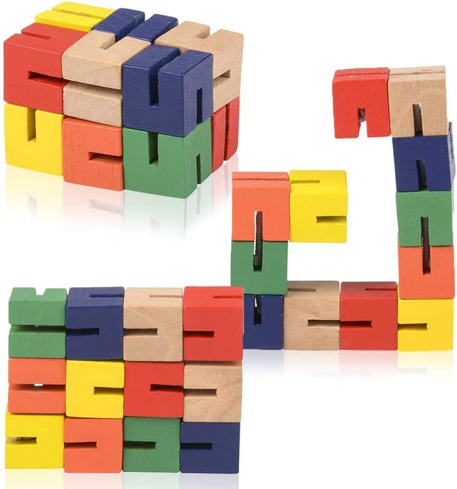 Wooden Twist Cubes, Pack of 6, Colorful Mind Game, Stretch, Twist, and Lock Brain Teaser Fidget Sensory Toys for Kids, Stocking Stuffer and Party Favors for Boys and Girls