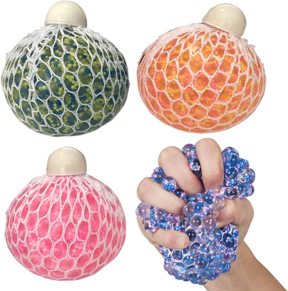 Mesh Squeeze Bead Balls for Kids, Set of 4, Squeeze Toys in Assorted Colors for Anxiety Relief and ADHD - Fun Birthday Party Favors, Goodie Bag Fillers, Treasure Box Prizes for Classroom