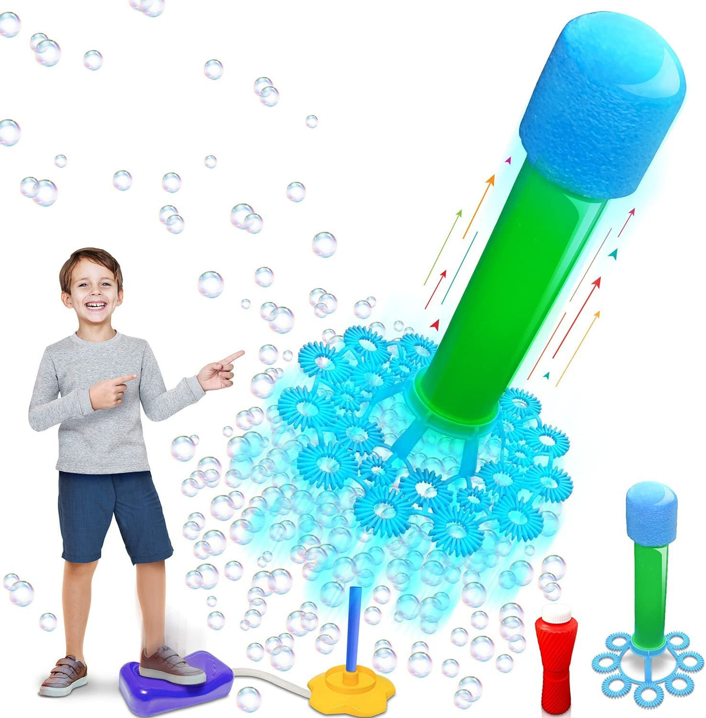 ArtCreativity Bubble Rocket Launcher Toy Set, Includes 2 Bubble Rockets, Bubble Solution, Pump, and Base, Flying Bubble Blaster Rockets for Hours of Outdoor Fun, Bubble Maker Gift for Kids