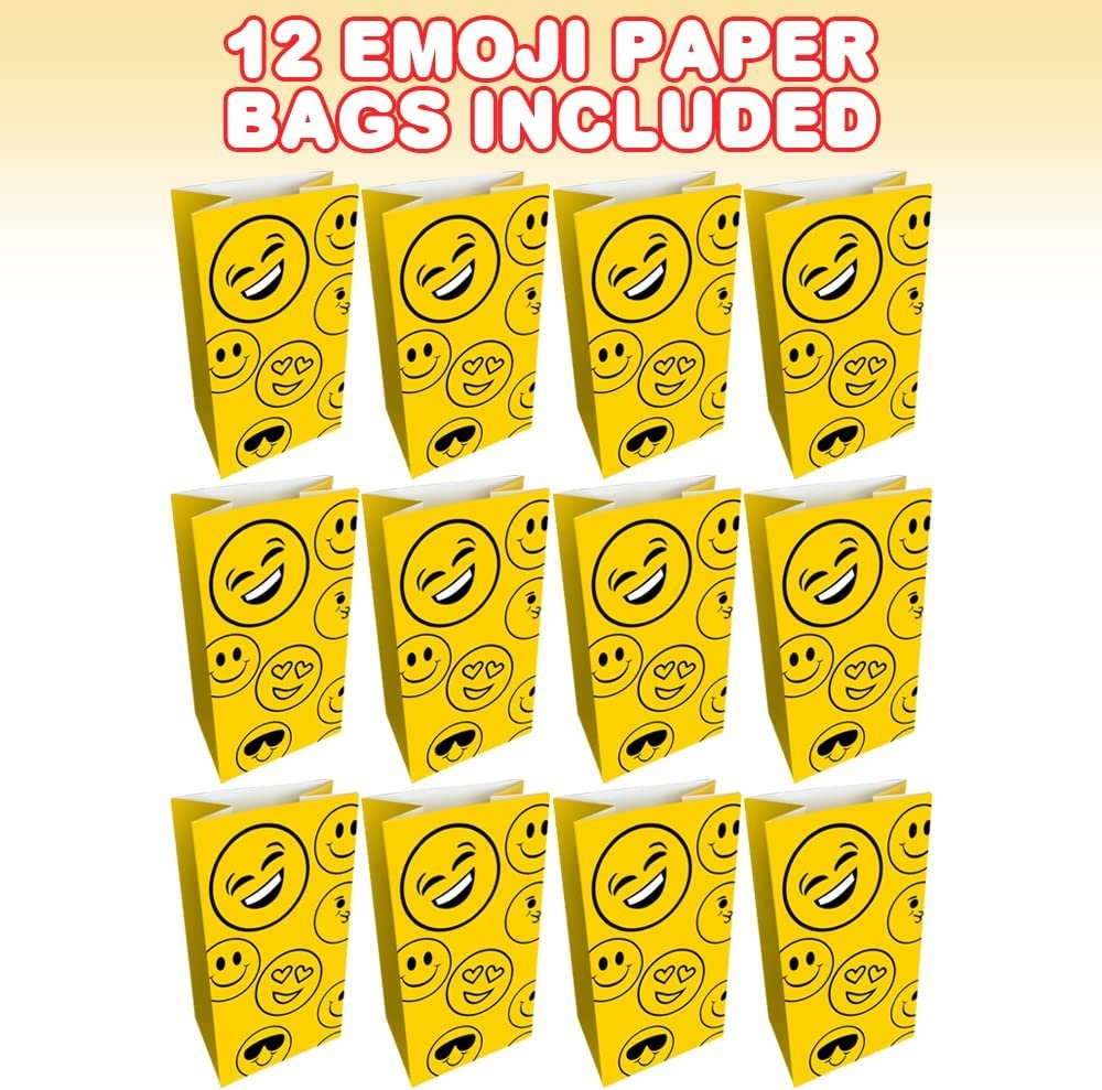 Emoticon Party Favor Bags, Pack of 12, Emoticon Themed Goodie Gift Paper Bags, Durable Treat Bags, Emoticon Party Supplies and Favors for Birthday, Baby Shower, Holiday Goodies