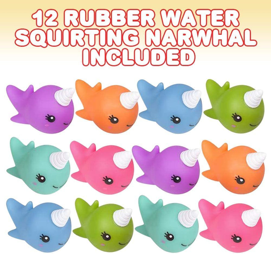 Rubber Water Squirting Narwhals, Pack of 12, Bathtub and Pool Toys for Kids, Safe and Durable Water Squirters, Birthday Party Favors, Goodie Bag Fillers