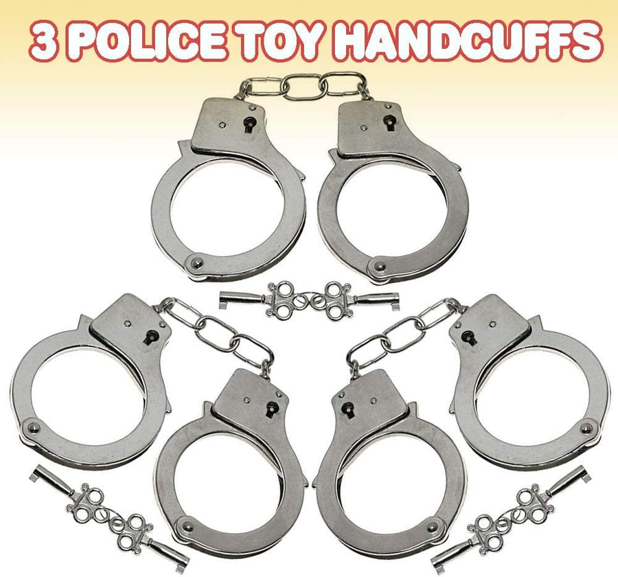 10.5" Metal Handcuffs for Kids - Pack of 3 - Steel Pretend Play Toy Hand Cuffs with 2 Keys - Fun Party Favor, Stage or Costume Prop, Goody Bag Filler, Gift for Boys and Girls