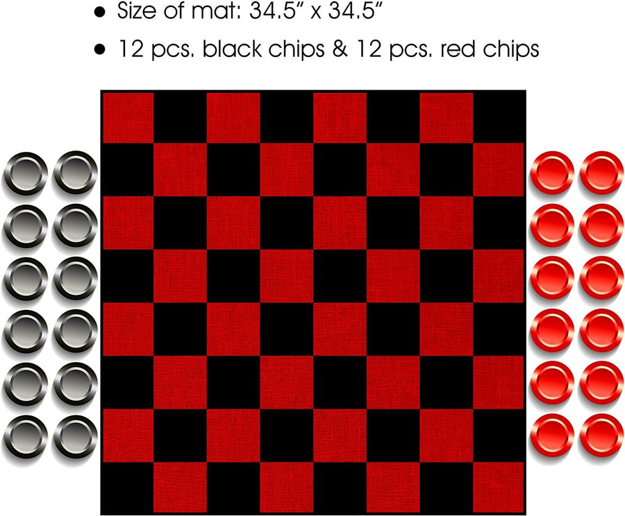 Giant Checkers Rug Set by Gamie - 34.5 x 34.5" Jumbo Checker Board Floor Mat Game with Huge Pieces - Great Gift Idea for Boys and Girls, Fun Birthday Party Activity - Play Room Rug - Red and Black