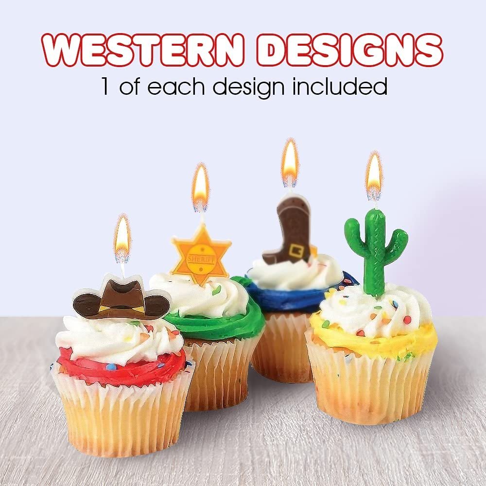 ArtCreativity Western Pick Candles, Set of 4, Cowboy Themed Birthday Cake Candles, Birthday Party Supplies and Decorations, Cake Topper, Cupcake Topper